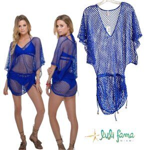NEW Luli Fama Open Stitch Cabana V-Neck Swim Coverup Dress in Electric Blue XS